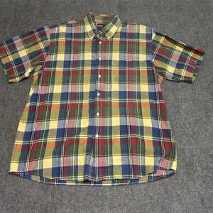 Izod Men's Short Sleeve Shirt Size‎ Large Button Down Plaid Madras  Blue Yellow